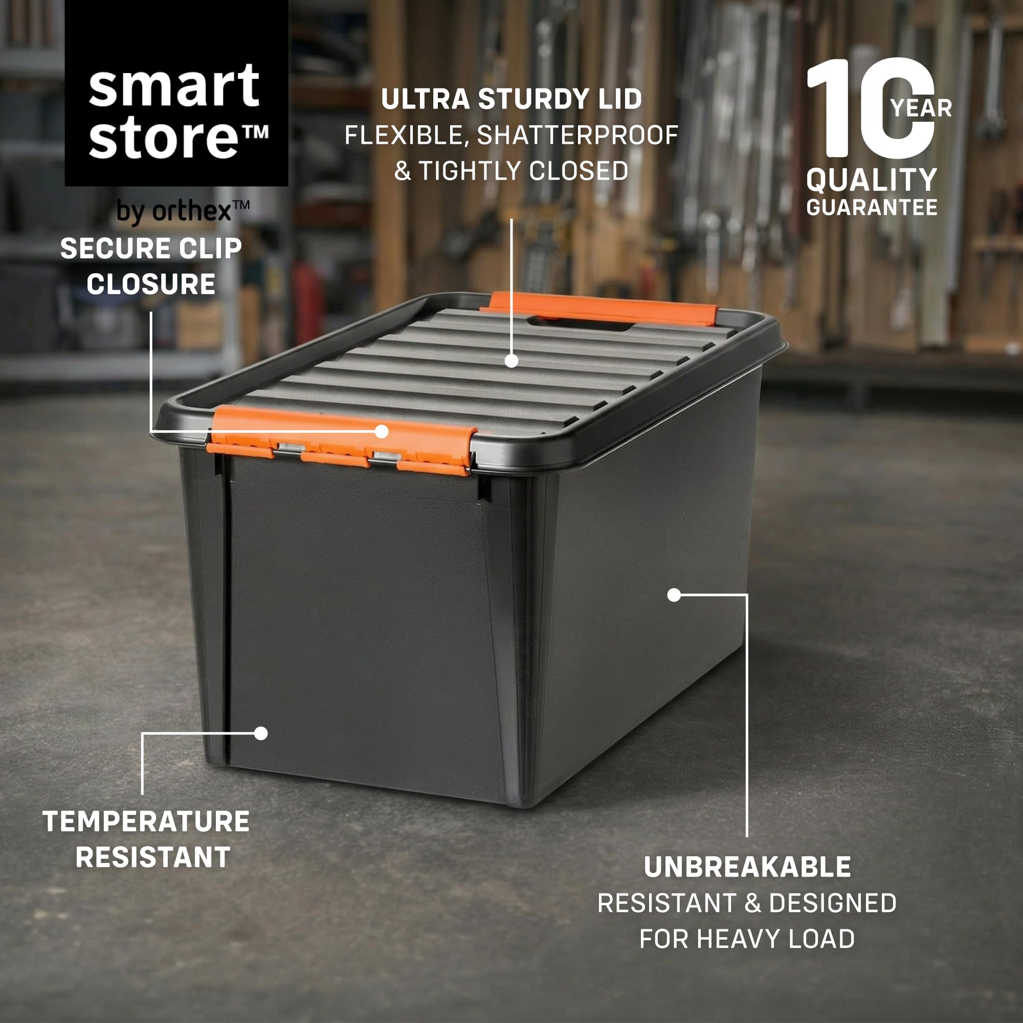 SmartStore extra-durable plastic storage boxes with lids | 49 L | 4-pack | Stackable bins with clip locks for tools, garage, or moving | BPA-free
