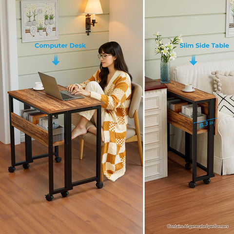 GreenForest Folding Desk 63 cm with Storage Shelf and Wheels, Brown