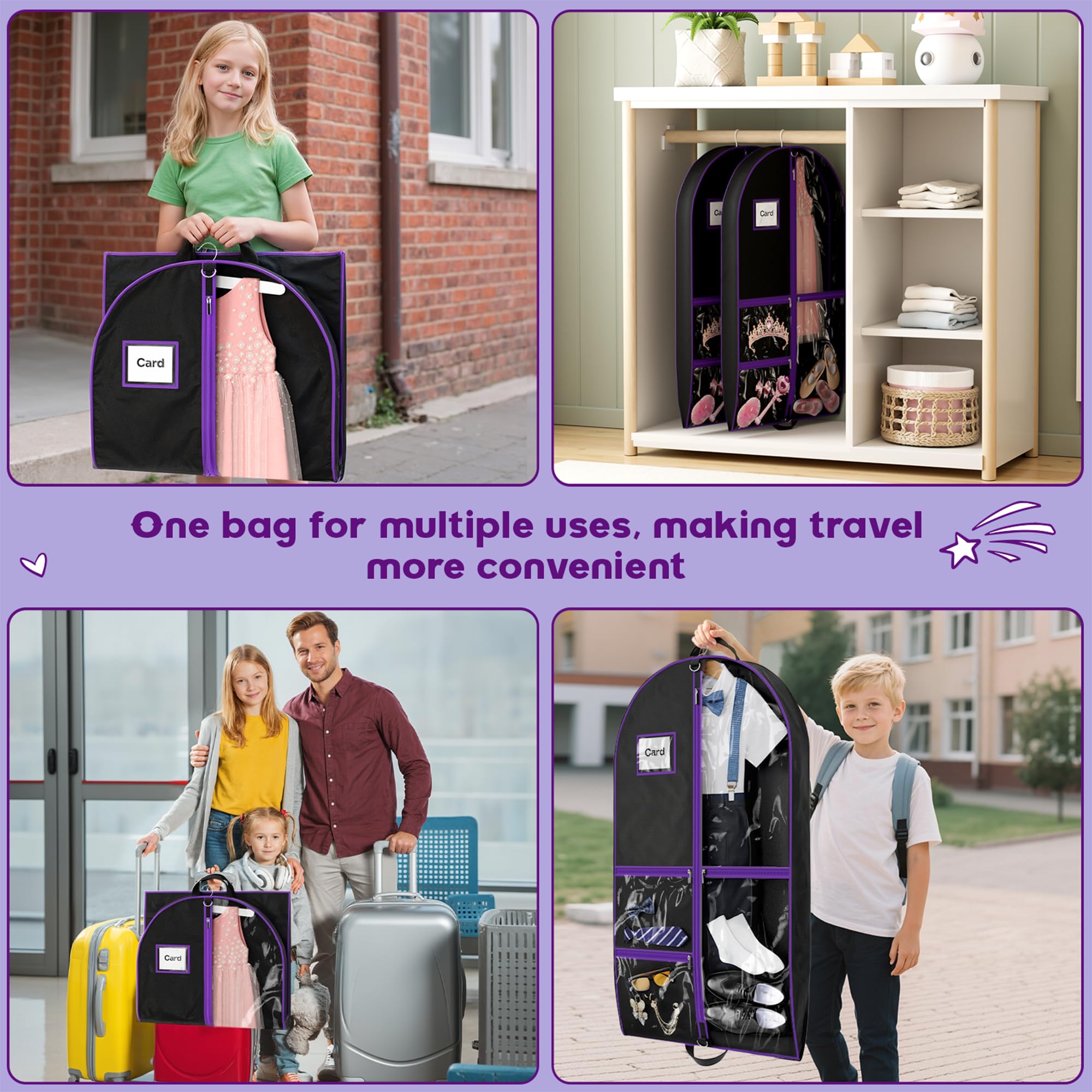 Costume Garment Bags for Dancers, Garment Bags with 3 Clear Zipper Pockets, Clothes Covers Protector Bags for Suits, Travel & Sports Jersey