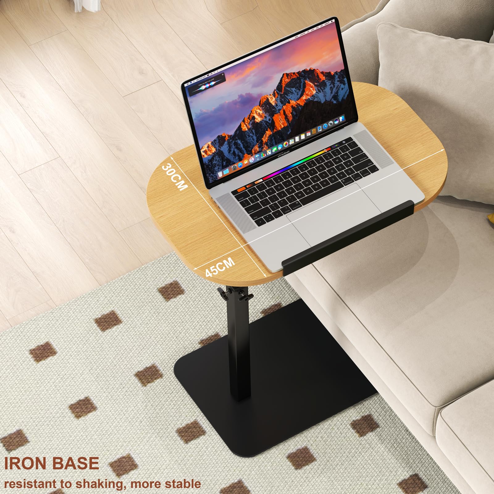 YUTVCZO Solid Wood C Shaped Side Table Adjustable Height,360°Swivel Side Table for Sofa and Bed