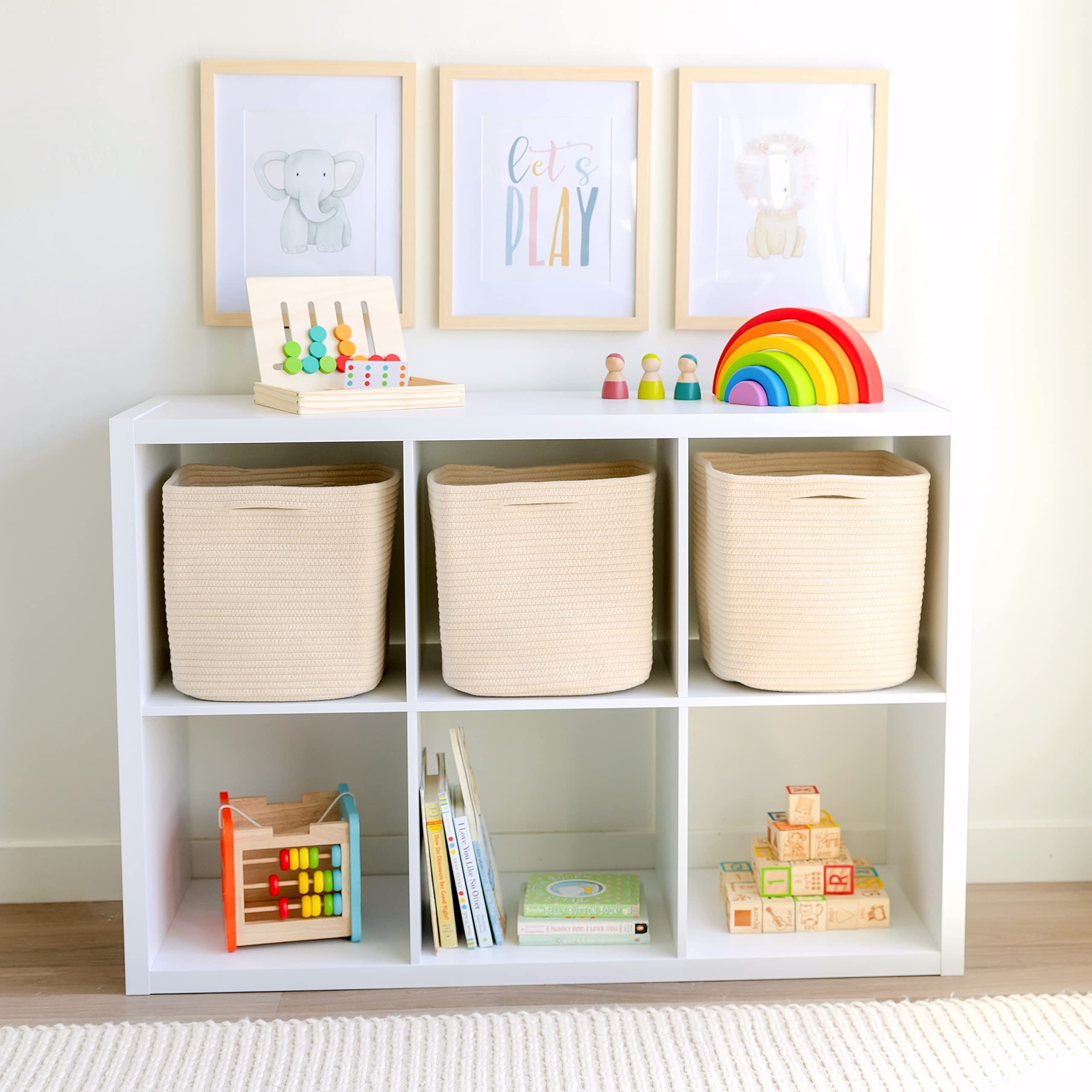 NaturalCozy Storage Cubes 11 Inch Cotton Rope Woven Baskets for Organizing, 3-Pack | Cube Storage Bin | Square Storage Baskets for Shelves Organizer