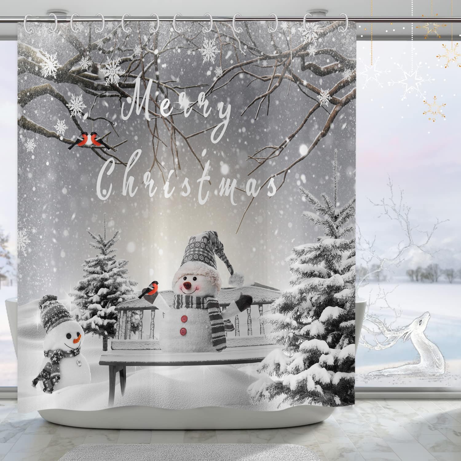 Hnmdmyi Christmas Shower Curtain 180x200, Winter Snowman Snowflake Xmas Tree Cardinal Bird Holiday Grey Bathroom Curtains with Hooks Waterproof