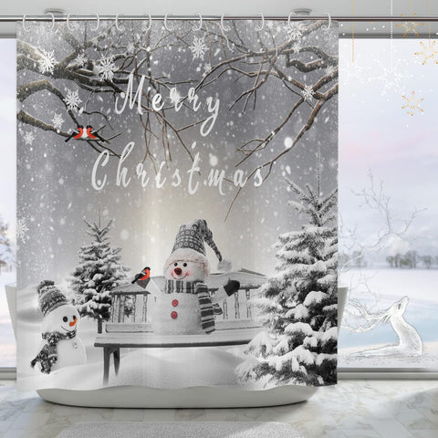 Hnmdmyi Christmas Shower Curtain 180x200, Winter Snowman Snowflake Xmas Tree Cardinal Bird Holiday Grey Bathroom Curtains with Hooks Waterproof