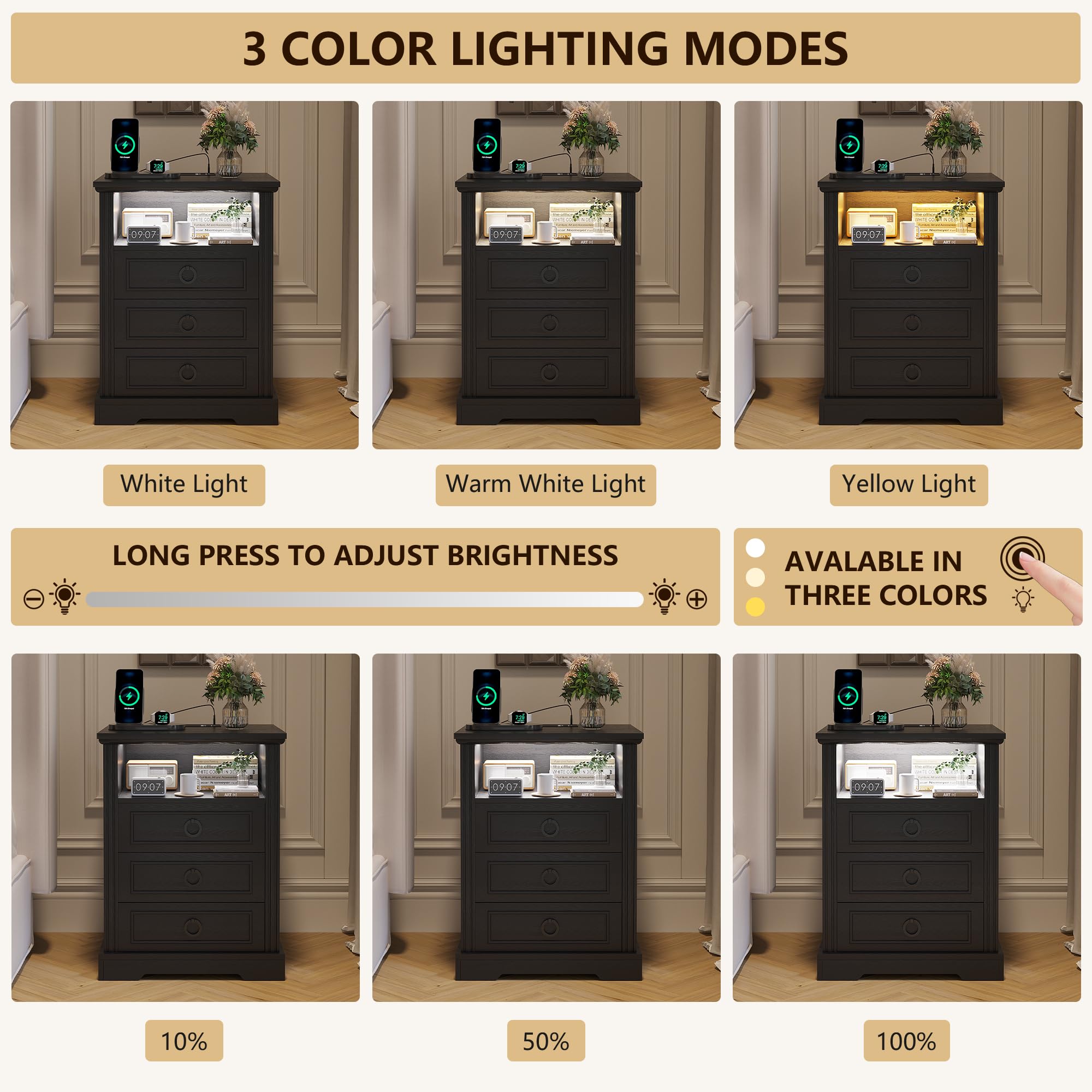 FREDEES LED Bedside Table with Charging Station, Black