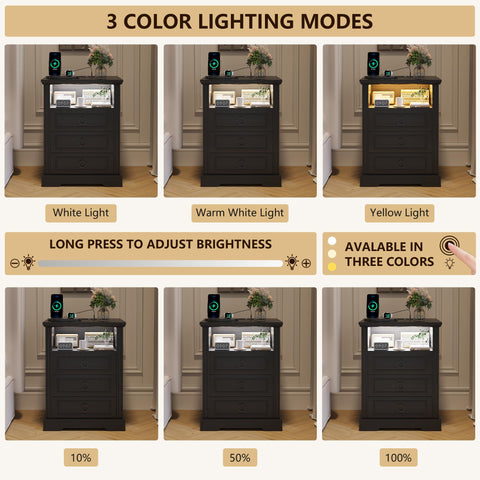 FREDEES LED Bedside Table with Charging Station, Black