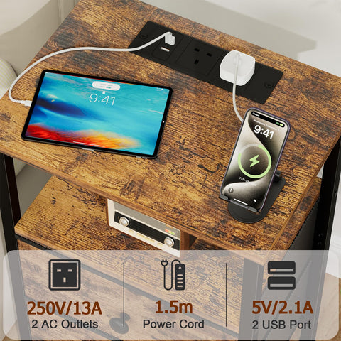 LOAKEKEL Bedside Table with Charging Station, Side Table for Bedroom