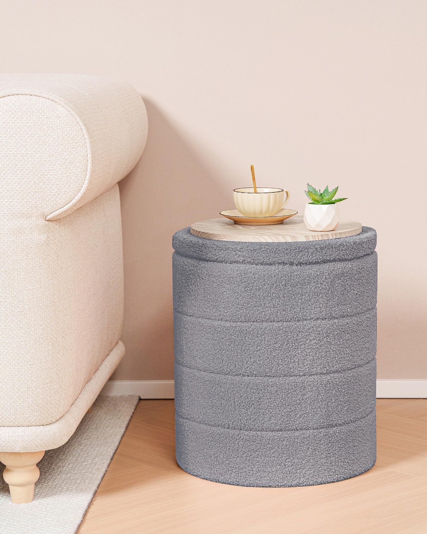 Bonlife Boucle Ottoman Storage, Foot Rest Stool Seat, Folding Footstool for Living Room, Sherpa Ottoman for Bedroom, Grey, 37x37x45 cm