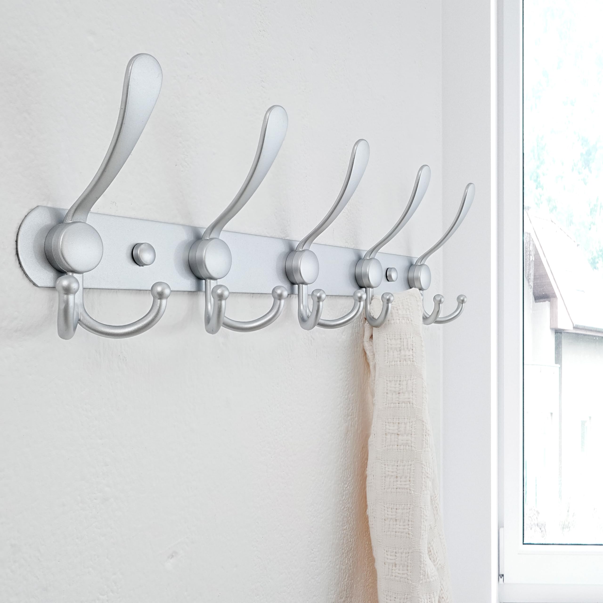 Dseap Coat Rack Wall Mounted - 5 Tri Hooks, Heavy Duty, Stainless Steel, Metal Coat Hook Rail for Coat Hat Towel Purse Robes Mudroom Bathroom