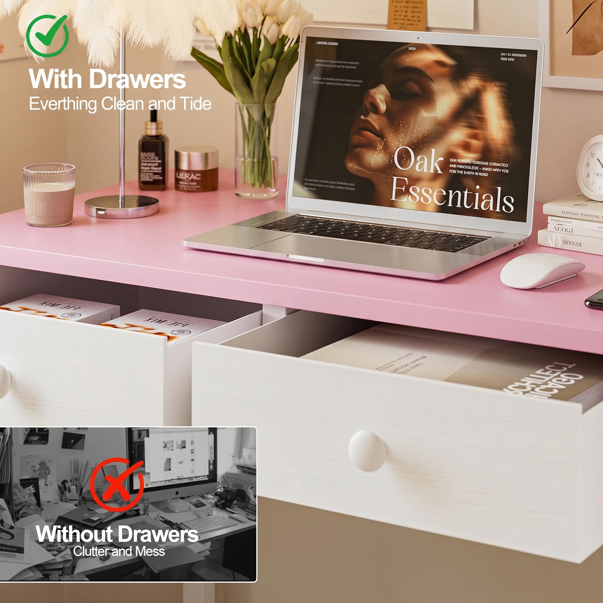 Grandder Small Computer Desk with 2 Fabric Drawers, 80 x 40 cm Home Office Desk with Storage Bags and Drawers