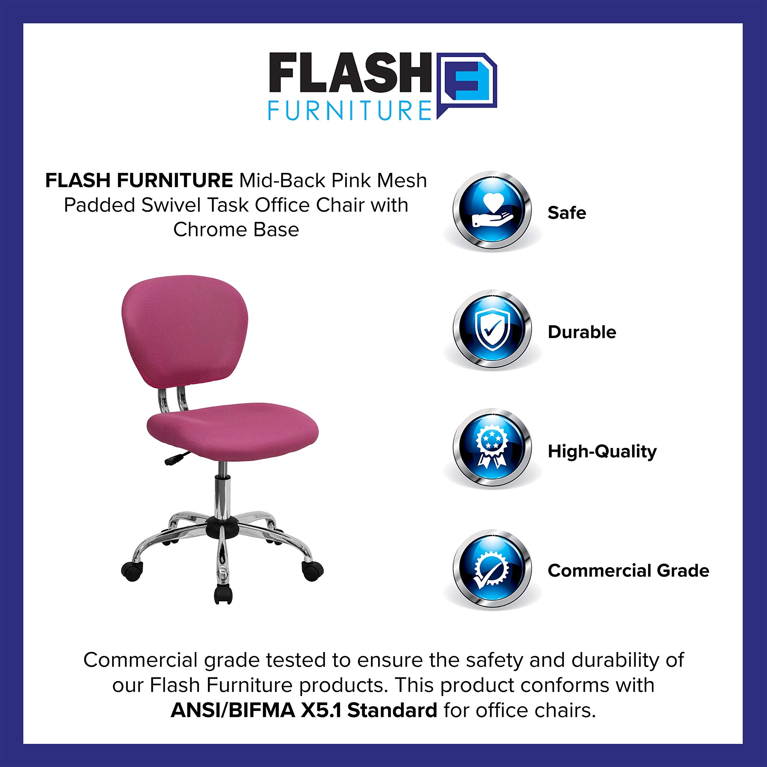 Flash Furniture Mid-Back Mesh Swivel Task Chair with Chrome Base, Metal, Pink, 58.42 x 55.88 x 25.4 cm