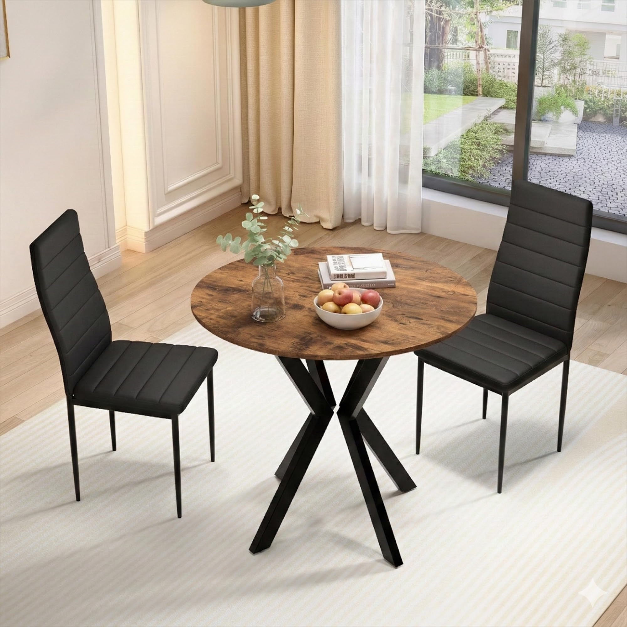 80cm Round Wooden Dining Table with Black Metal Legs for Kitchen & Home