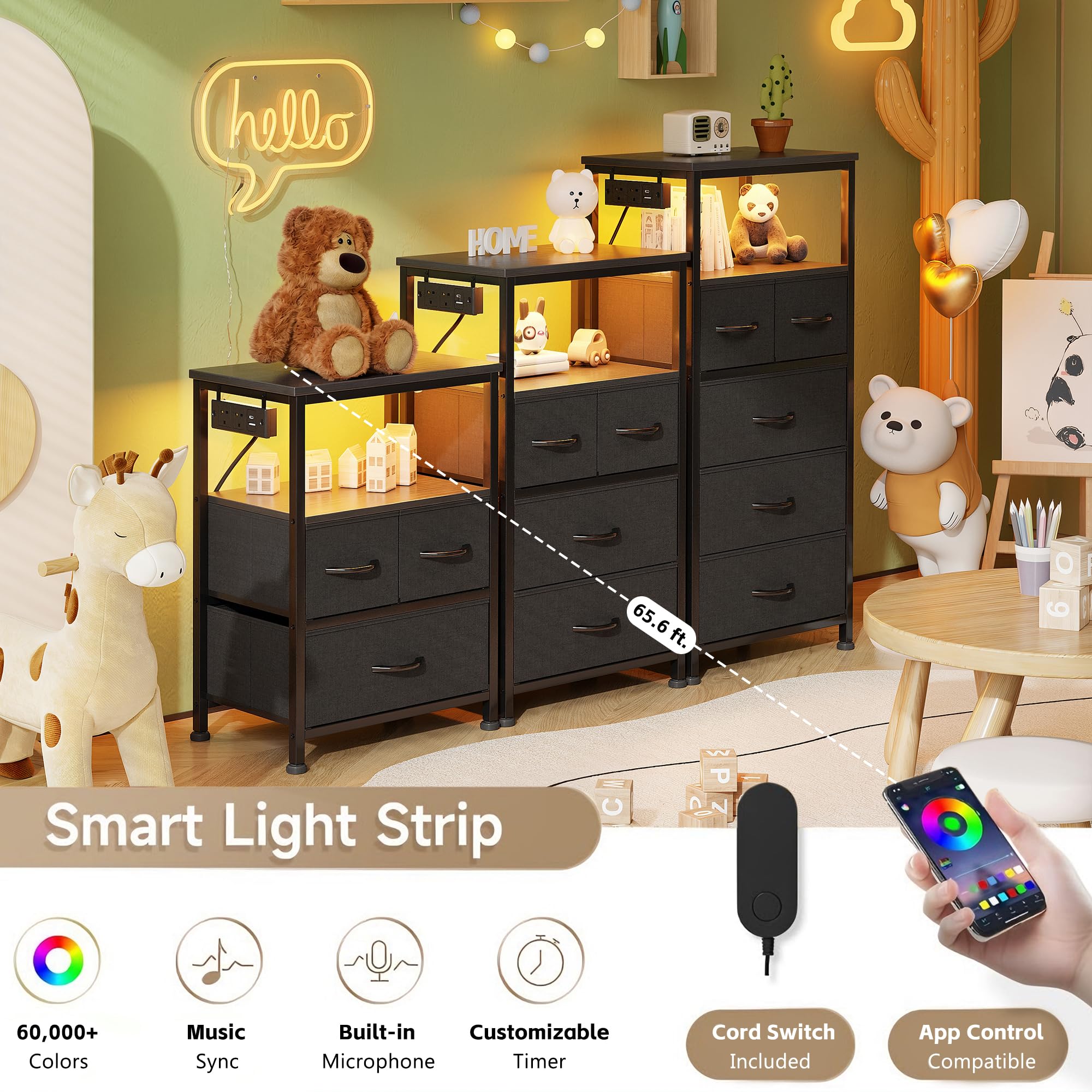 Flrrtenv Bedside Table with Charging Station, 3 Drawers Bedside Cabinet for Bedroom, LED Nightstand with Storage Shelf