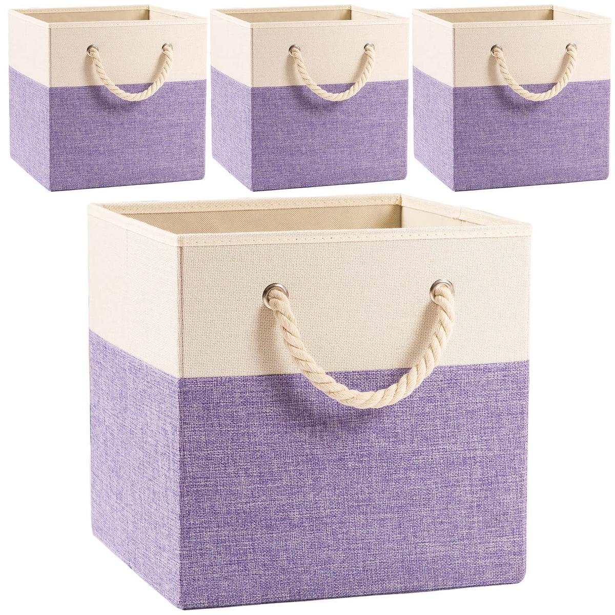 Prandom Foldable Cube Storage Bins 28x28x28cm [4-Pack] Fabric Linen Storage Baskets Cubes Drawer with Cotton Handles Organizer for Shelves Closet