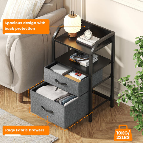 Feonase Set of 2 Bedside Table with 2 Fabric Drawers & Open Shelf - Sturdy Metal Frame Nightstand, Compact End Table for Bedroom, Living Room