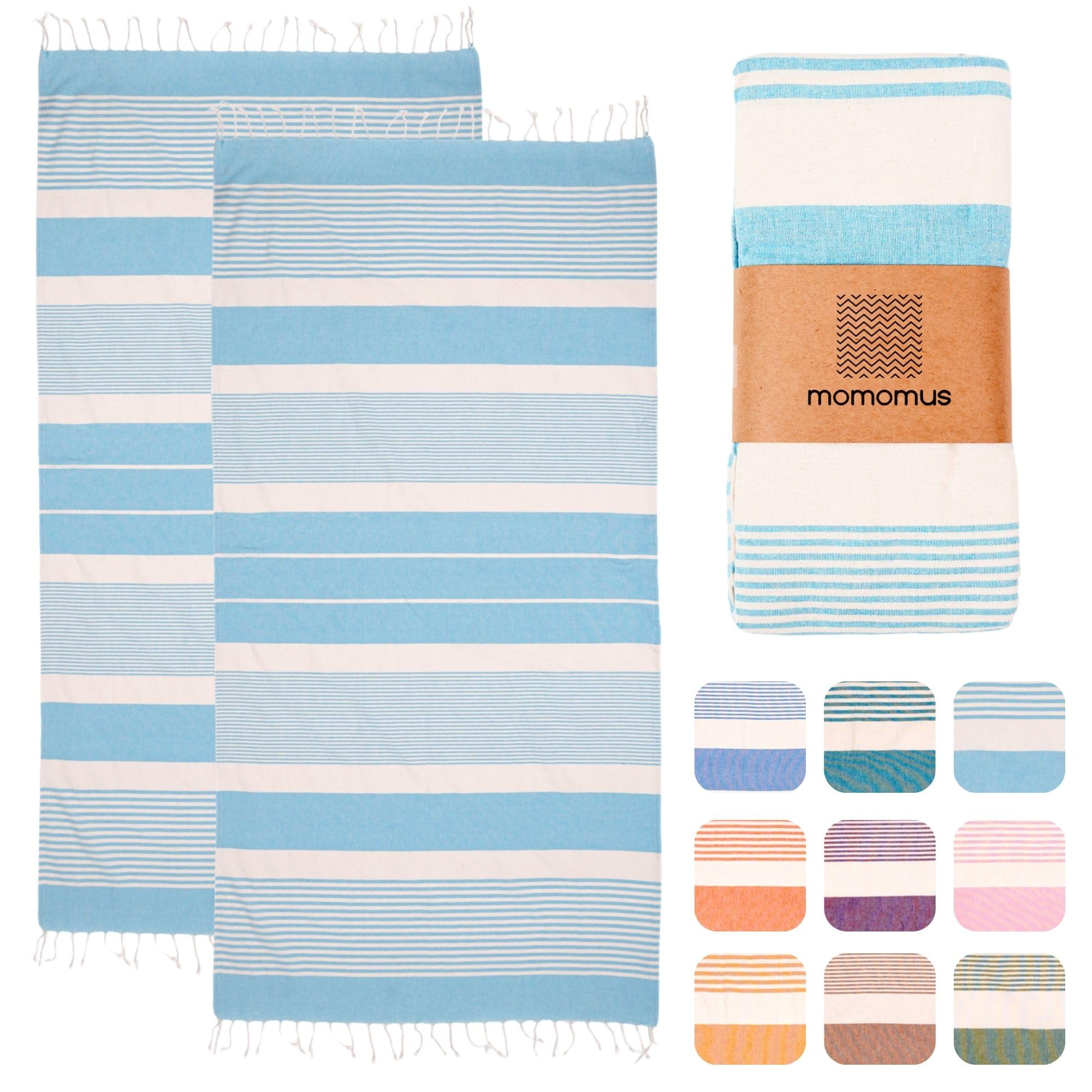 MOMOMUS 2 Pack XL Fouta or Cotton Beach Towels for Adults - Compact, Ultra-Soft, Absorbent - Extra Large Beach Towels for Adults - Turquoise 90x180cm