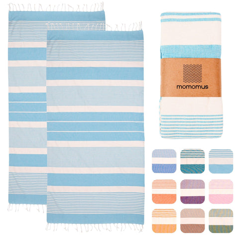 MOMOMUS 2 Pack XL Fouta or Cotton Beach Towels for Adults - Compact, Ultra-Soft, Absorbent - Extra Large Beach Towels for Adults - Turquoise 90x180cm