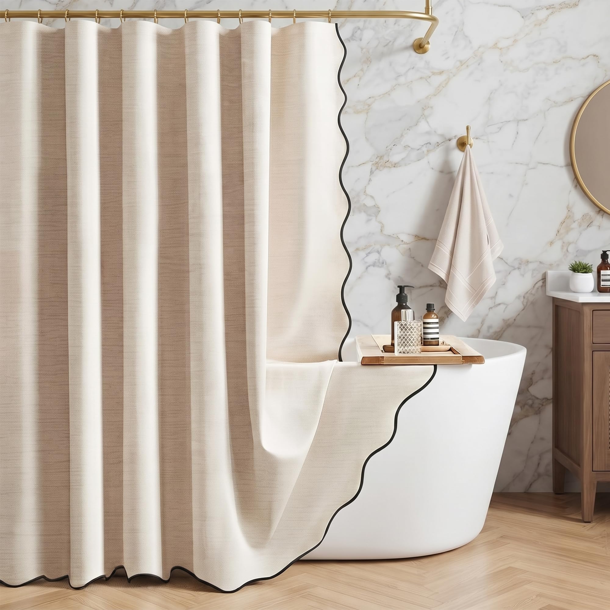 Bingobang Shower Curtain Scalloped Linen Waterproof Anti Mould, Beige/Cream