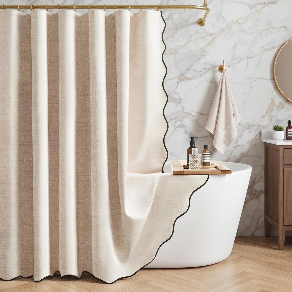 Bingobang Shower Curtain Scalloped Linen Waterproof Anti Mould, Beige/Cream