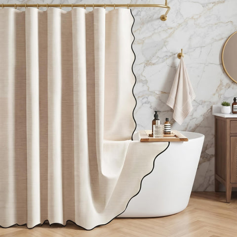 Bingobang Shower Curtain Scalloped Linen Waterproof Anti Mould, Beige/Cream