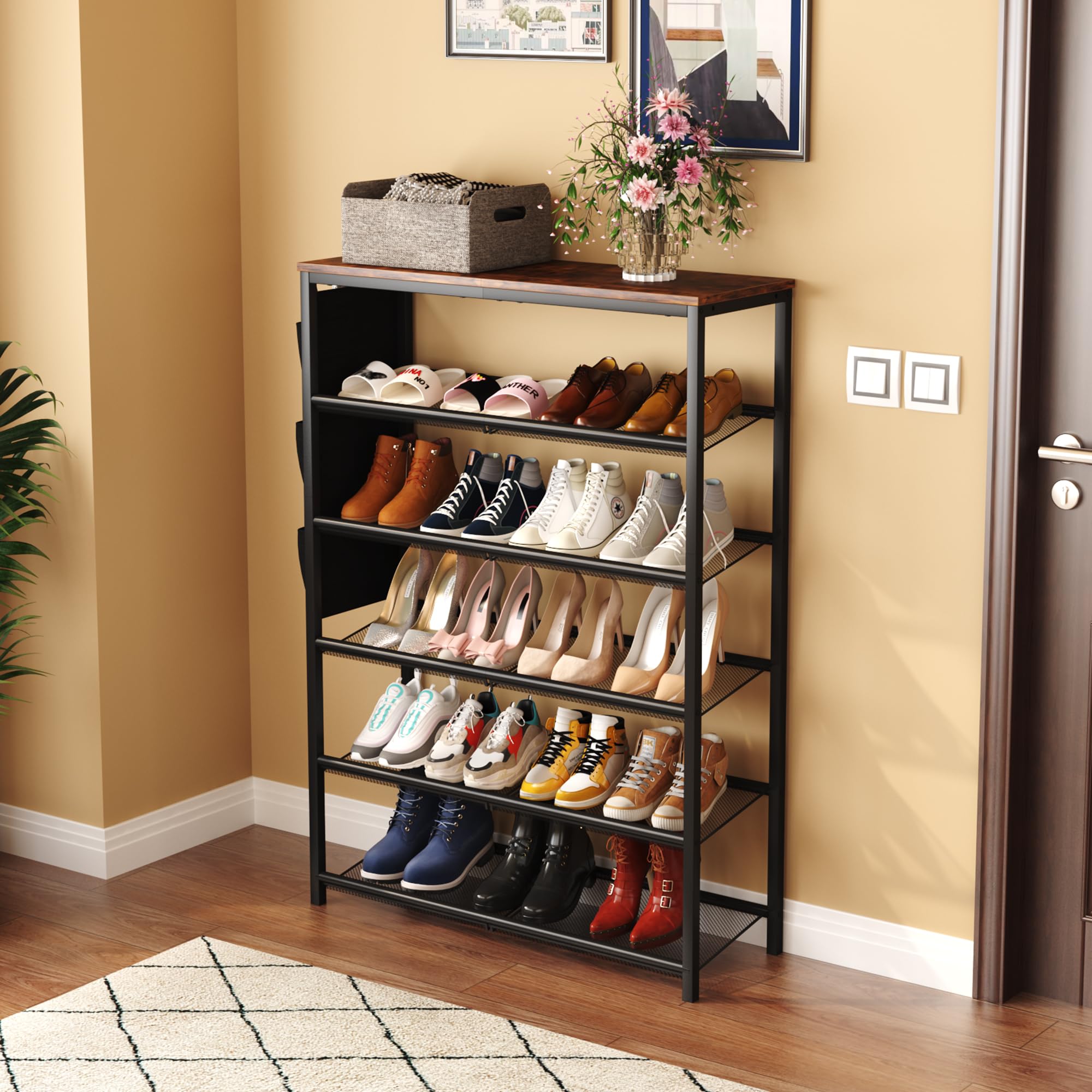 HOME BI 6-Tier Shoe Rack, Shoe Storage Organizer with Adjustable Mesh Shelves and Side Hanging Pockets, Shoe Stand Shelf for Entryway Hallway