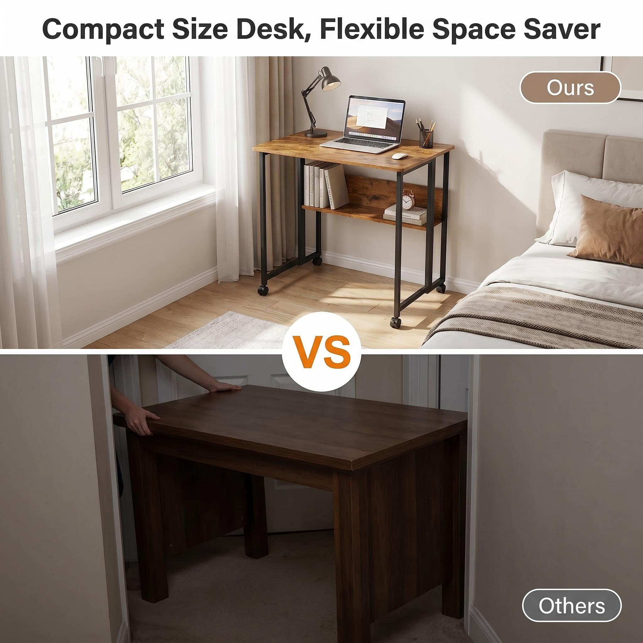 Fiutazge Folding Desk, Folding Desk with Wheels, Small Folding Computer Desk with Shelf, Side Table, Folding Table for Home Office, Industrial Design