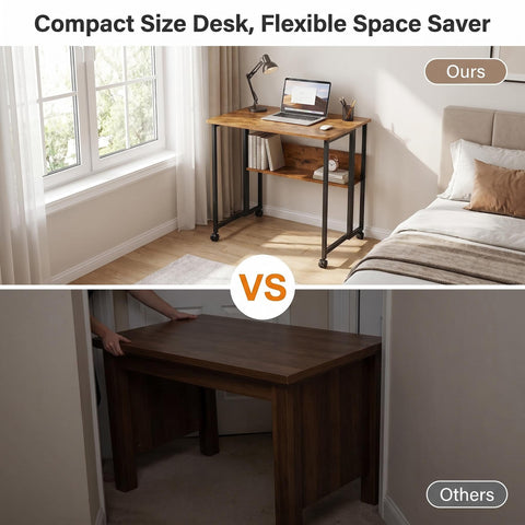 Fiutazge Folding Desk, Folding Desk with Wheels, Small Folding Computer Desk with Shelf, Side Table, Folding Table for Home Office, Industrial Design