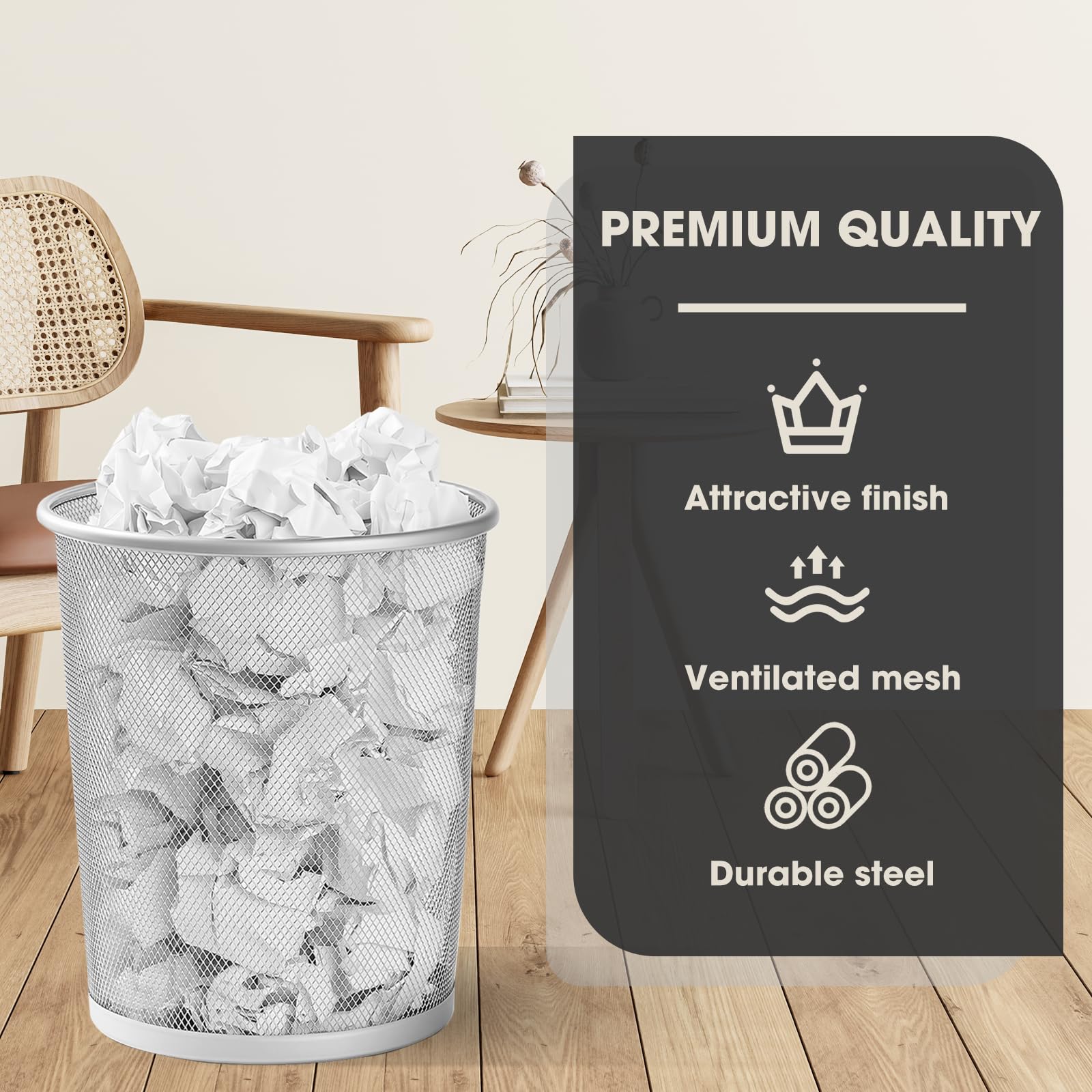 Evadow 3 Pack Mesh Waste Paper Bin 12 Litres, Silver Metal Wire Waste Basket Lightweight Circular Trash Bin for Home Office Garbage Can Bin