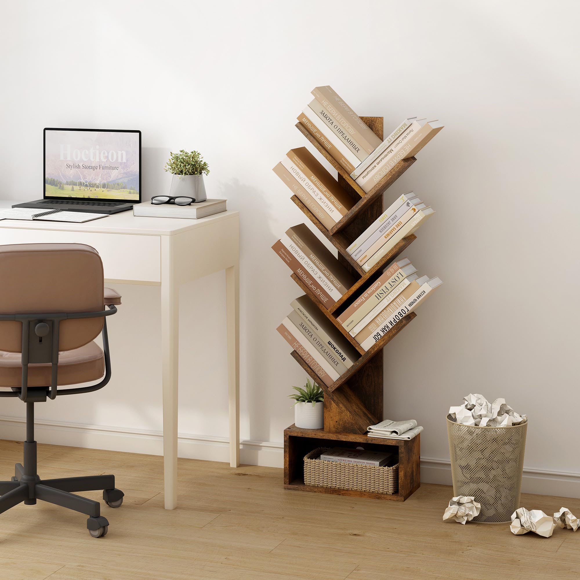 Hoctieon 6 Tier Tree Bookshelf, Tall Bookcase with Drawer, Freestanding Book Shelf, Display Floor Standing Storage Shelf