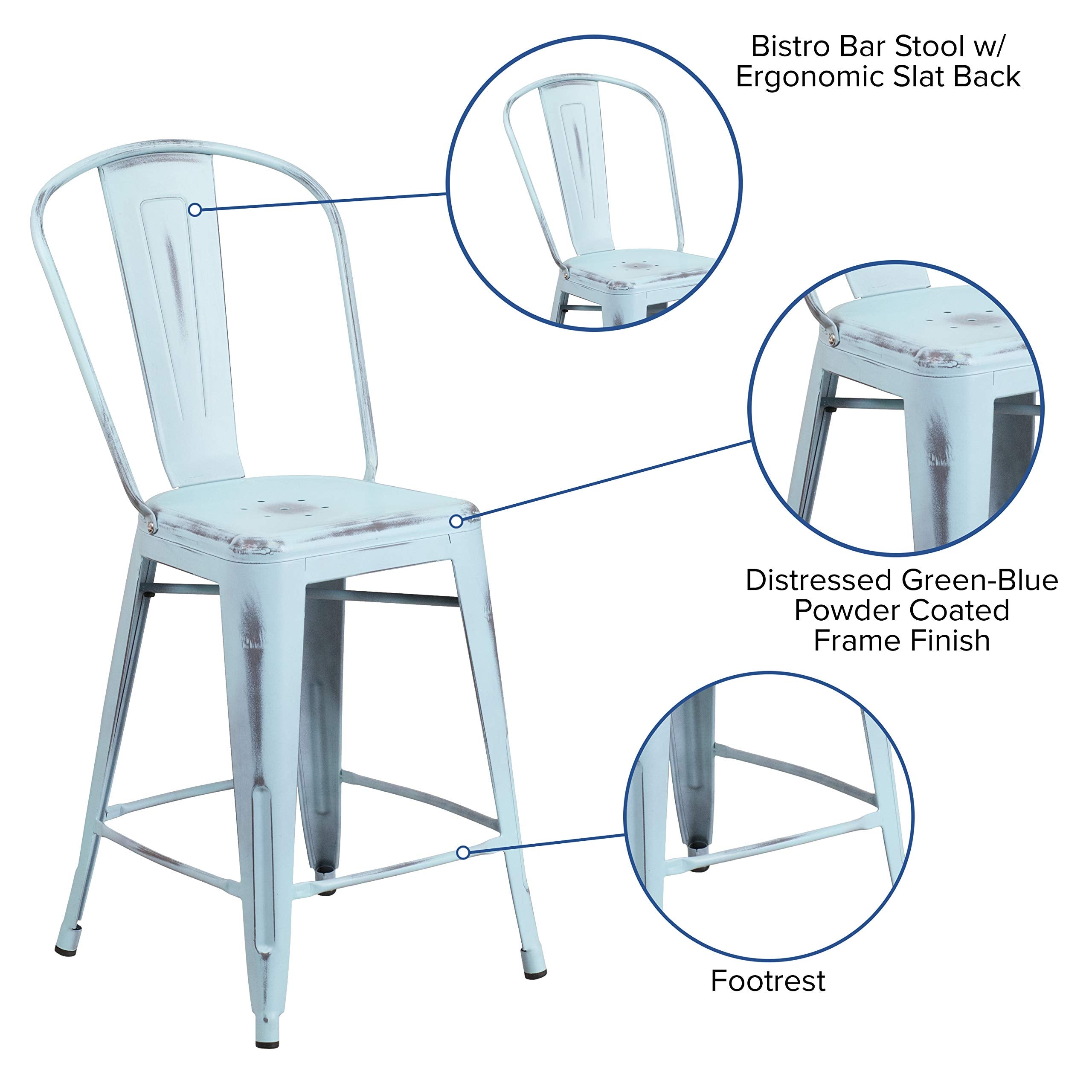 Flash Furniture Blake Commercial Grade 4 Pack 24" High Distressed Green-Blue Metal Indoor-Outdoor Counter Height Stool with Back