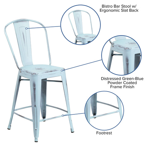 Flash Furniture Blake Commercial Grade 4 Pack 24" High Distressed Green-Blue Metal Indoor-Outdoor Counter Height Stool with Back