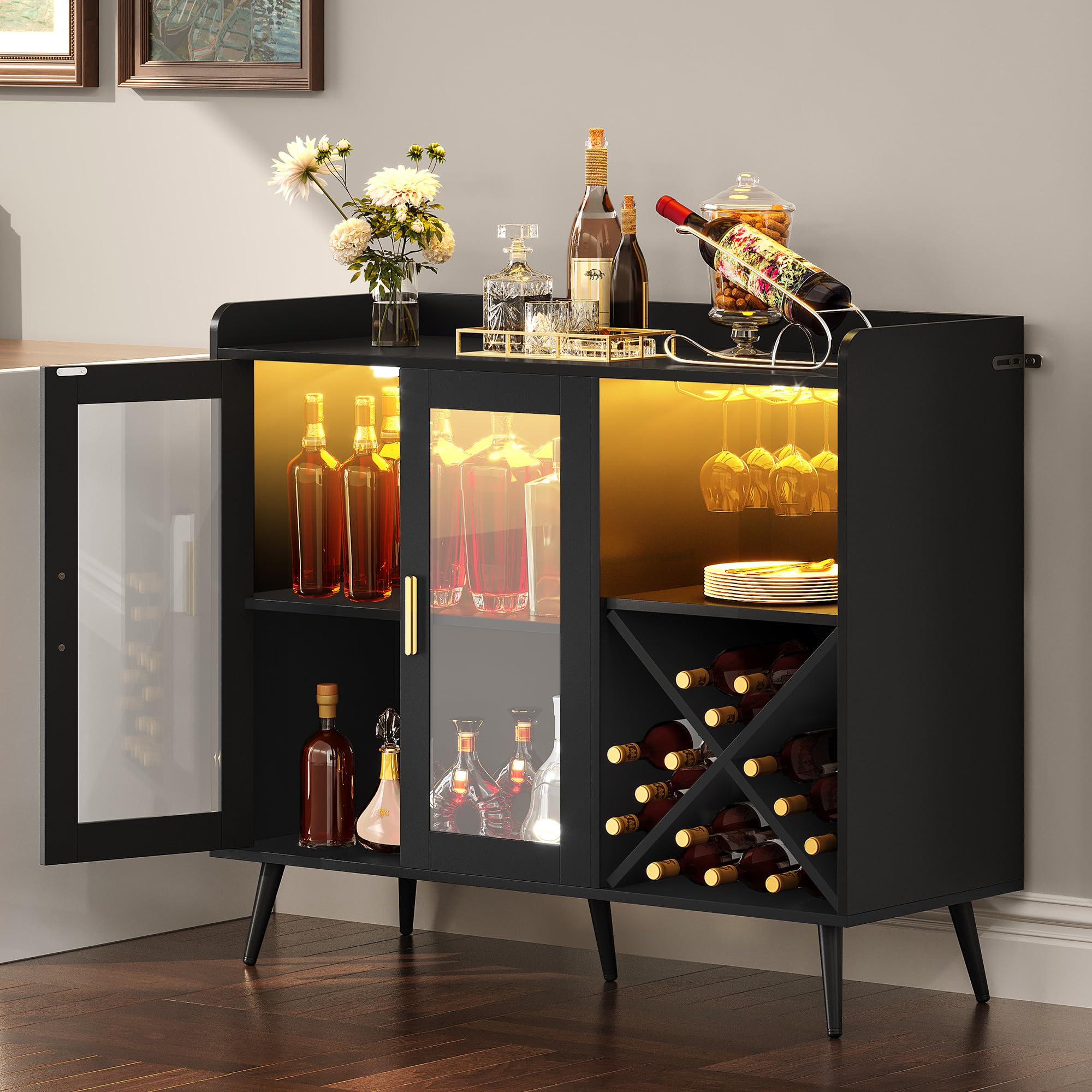 YITAHOME Bar Cabinet with Adjustable LED Lights, Coffee Bar with Wine Rack & Hooks & Acrylic Door Cabinet