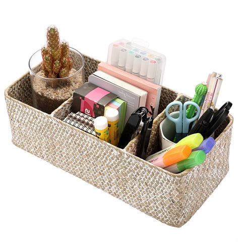 IGNPION 3-compartment Seagrass Storage Basket Woven Seagrass Desktop Baskets Rectangular Organiser Box Shelves & Desks Decorative Basket for Sundries