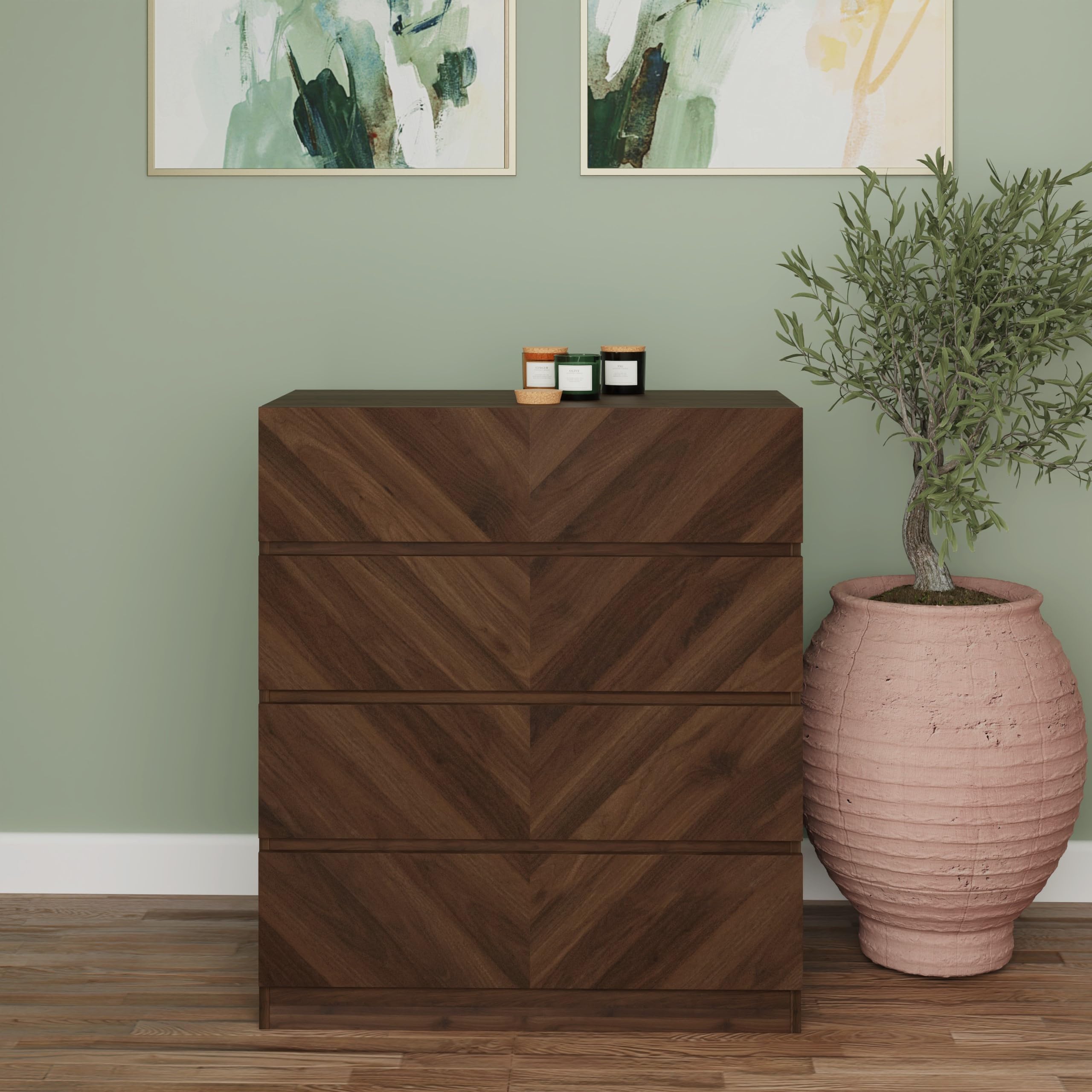 GFW Catania 4 Drawer Chest of Drawers, Royal Walnut Bedroom Storage Unit with Herringbone Drawer Fronts, Modern Handle-Free Furniture
