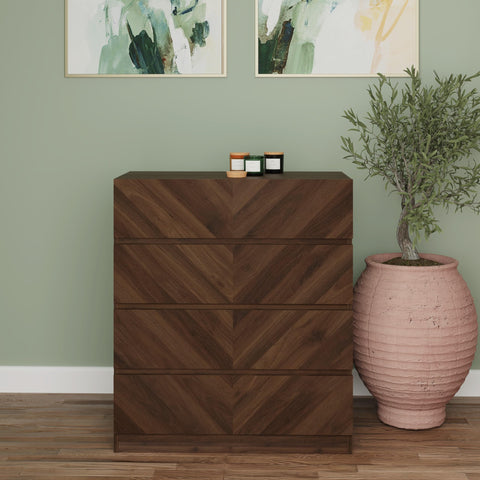 GFW Catania 4 Drawer Chest of Drawers, Royal Walnut Bedroom Storage Unit with Herringbone Drawer Fronts, Modern Handle-Free Furniture