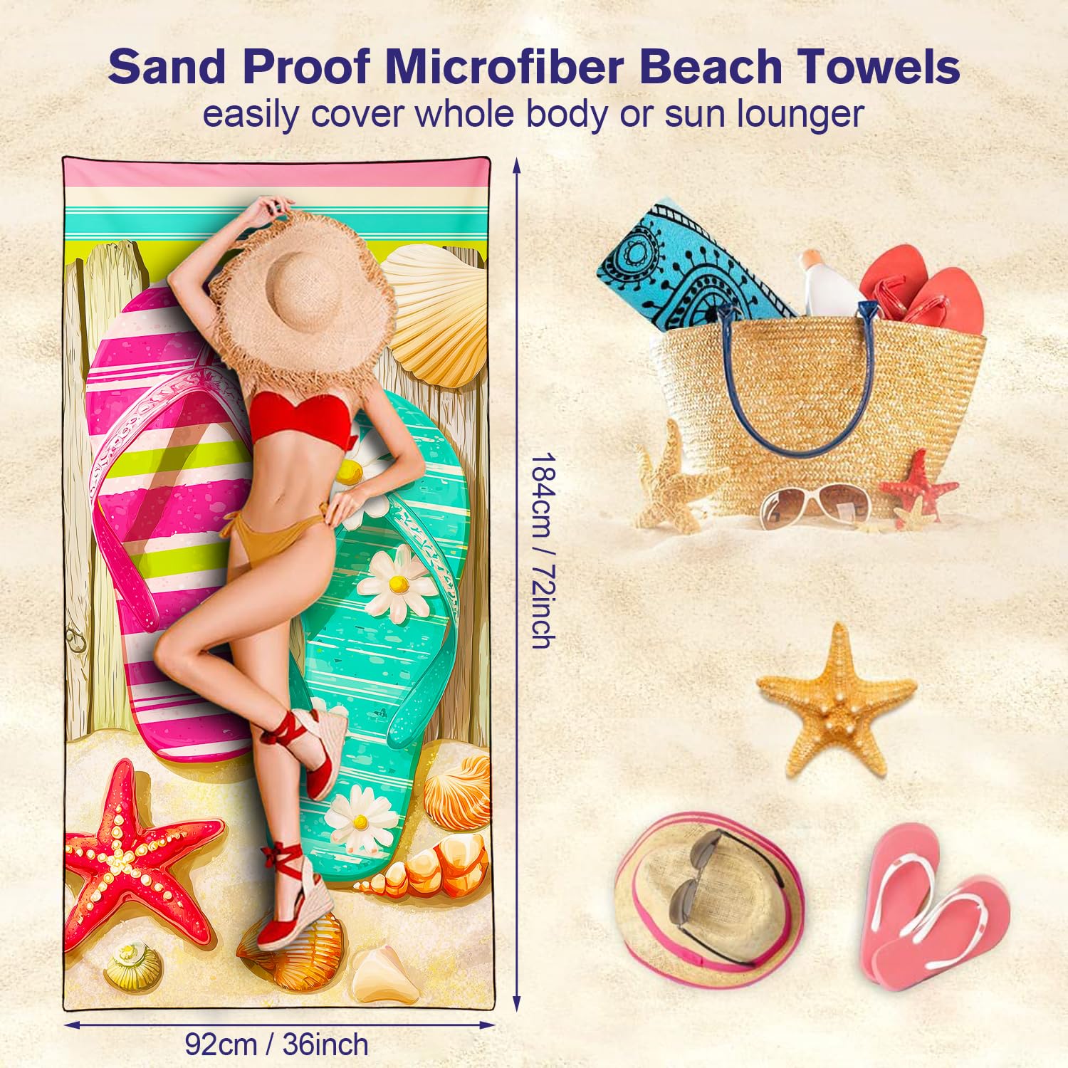 Violetpos Flip Flop & Starfish Beach Towel, Extra Large 180x90 cm 250GSM Microfibre, Sand Free Quick Dry