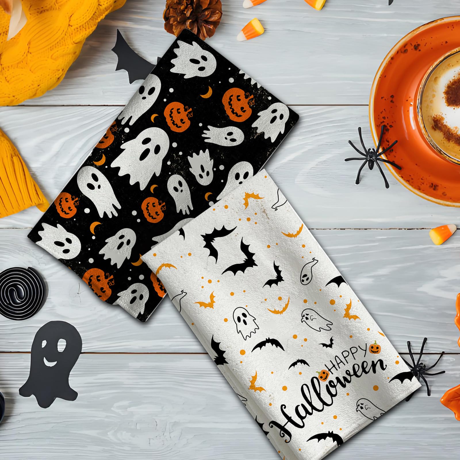 HINGTAI 2Pcs Halloween Kitchen Towels Halloween Hand Towels, 18x26 Inch Drying Cloth Towel Halloween Scary Hand Towels for Kitchen Home
