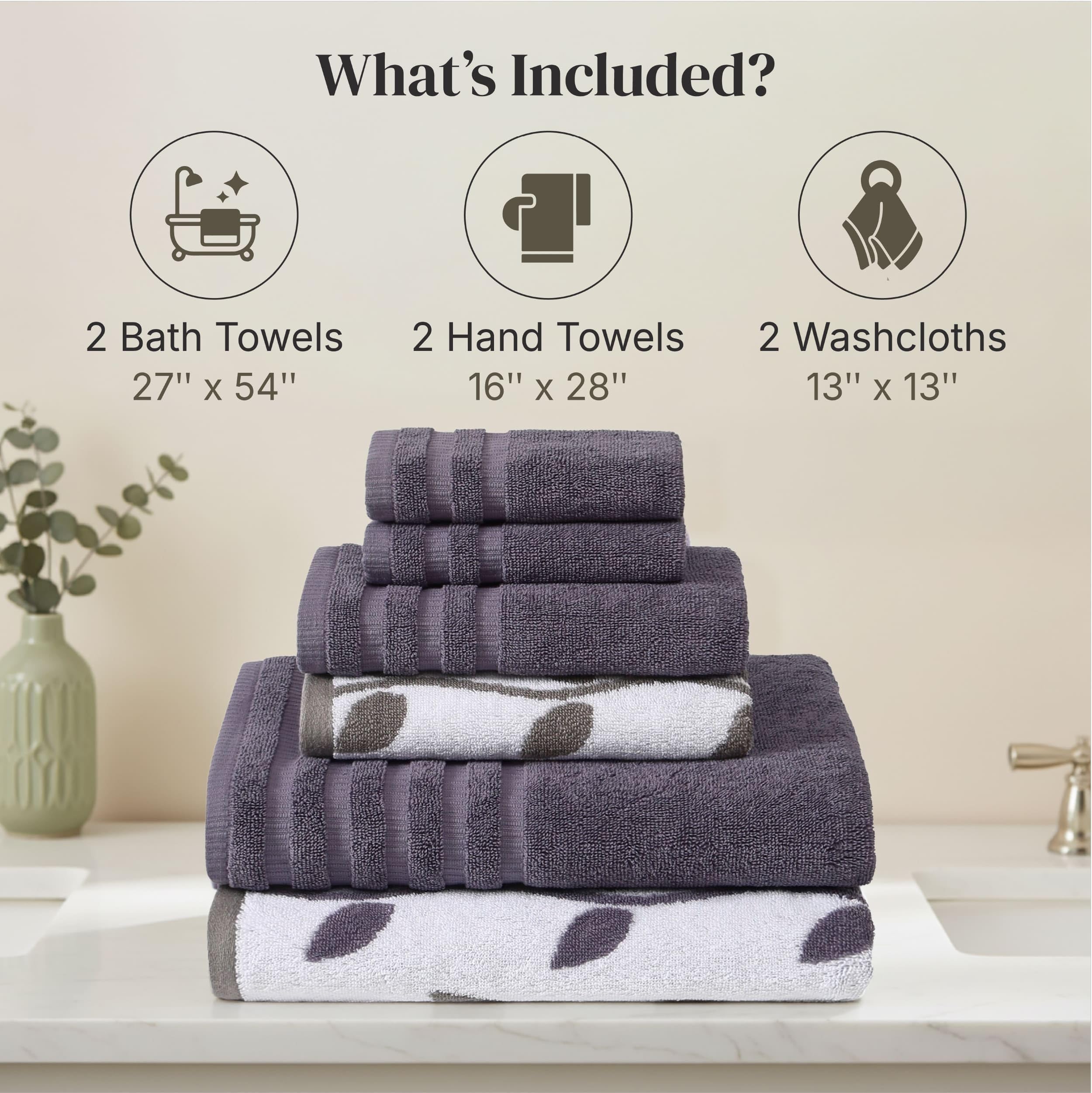 Amrapur 6 pc Yarn Dyed towel Organic Vines Grey Lavender, Cotton, Single