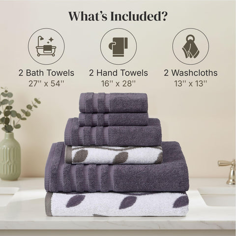 Amrapur 6 pc Yarn Dyed towel Organic Vines Grey Lavender, Cotton, Single