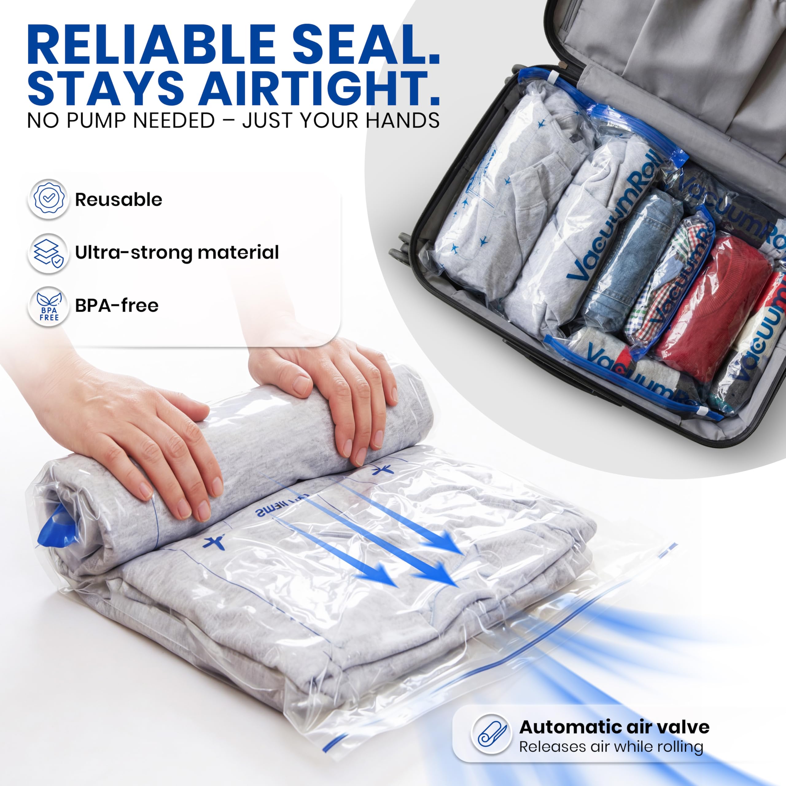 myHodo Vacuum Compression Bags for Rolling (14 Pieces) - Versatile Travel Bags for Suitcase & Backpack, Reusable Storage Solution, Durable & Hygienic