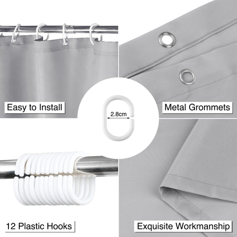 WELTRXE Shower Curtain Mould Proof Mildew Resistant, 180x180cm Light Grey Bathroom Curtain Set With Hooks, Weighted Hem