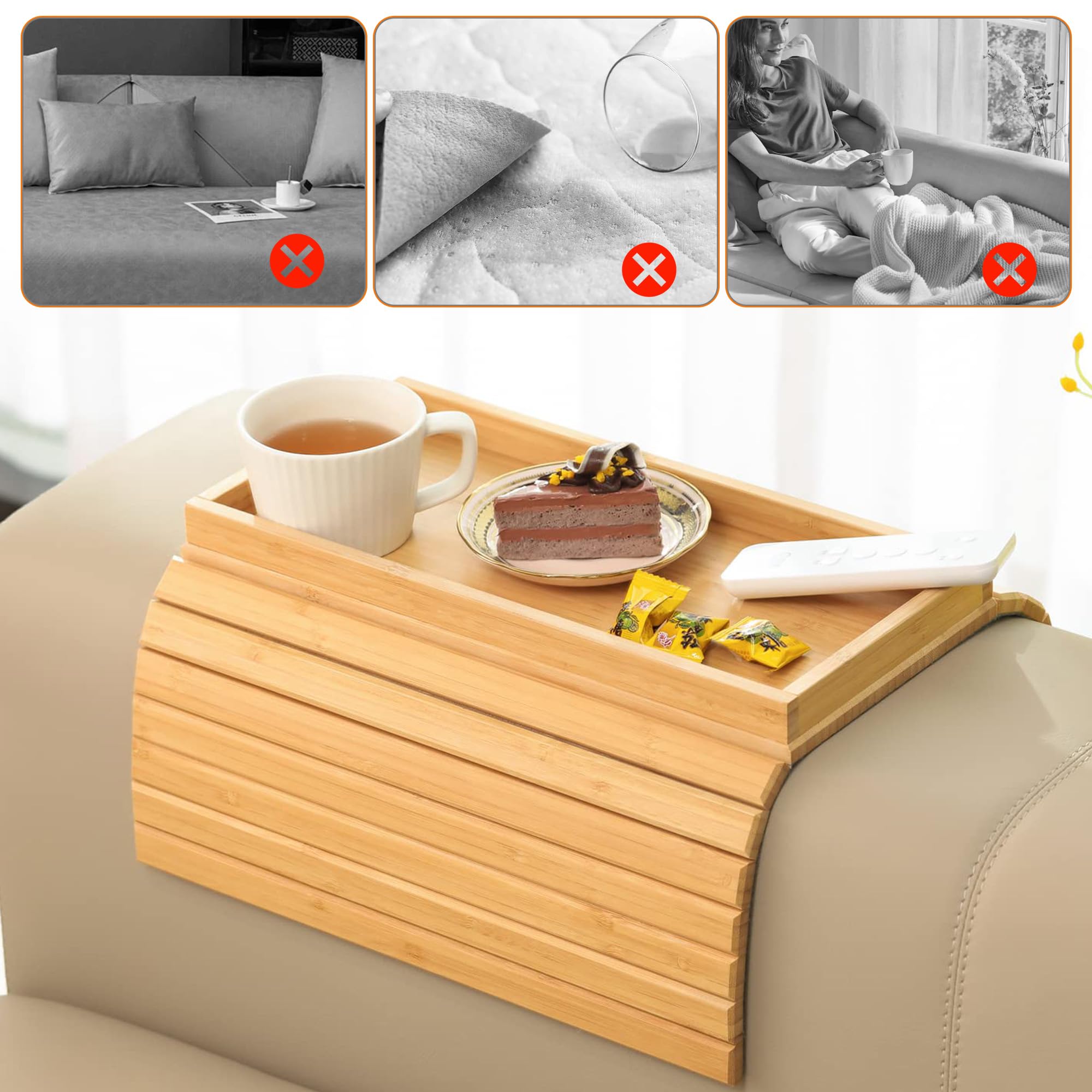 YOZAIUUI Foldable Sofa Arm Tray - Anti Slip Wooden Backing