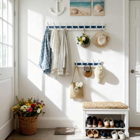 SKOLOO Coastal Wall Mounted Coat Rack - 43cm Beach House Entryway Wooden Coat Hook with 5 Hooks for Hanging Coats, Hats or Towels