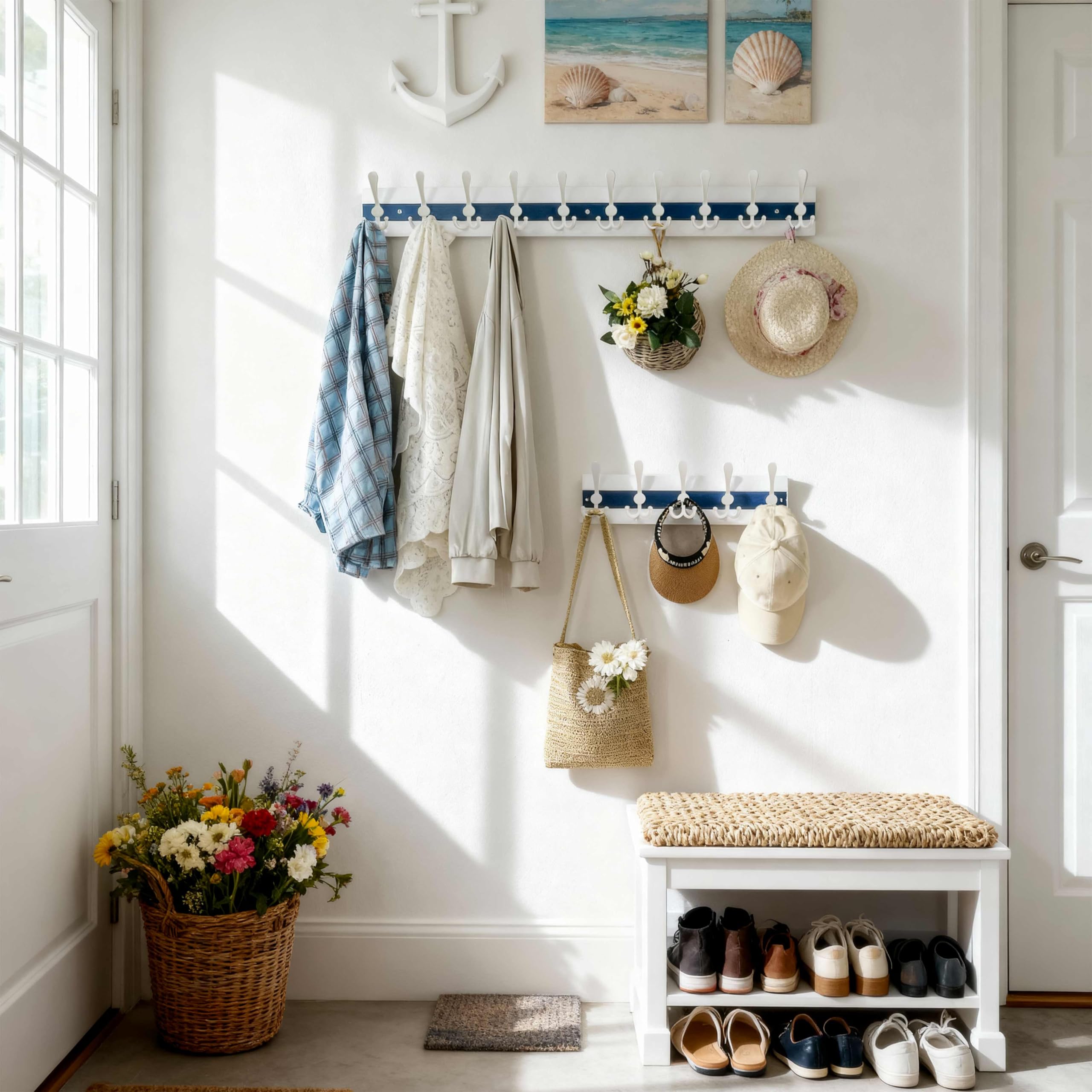 SKOLOO Coastal Wall Mounted Coat Rack - 97cm Beach House Entryway Wooden Coat Hook with 10 Hooks for Hanging Coats, Hats or Towels