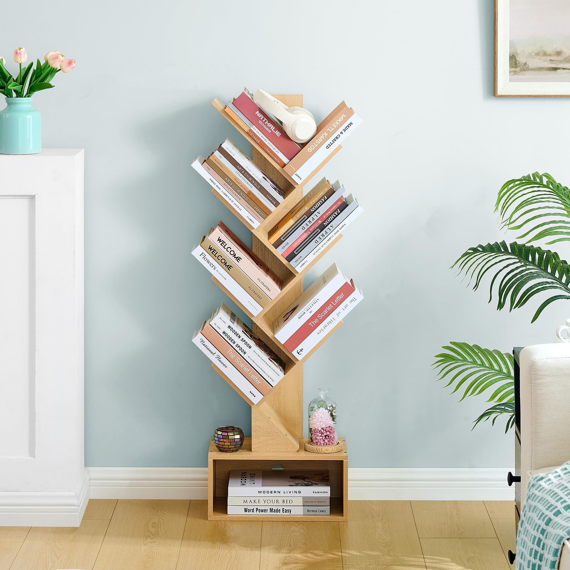 Hoctieon 6 Tier Tree Bookshelf, Tall Bookcase with Drawer, Freestanding Book Shelf, Display Floor Standing Storage Shelf