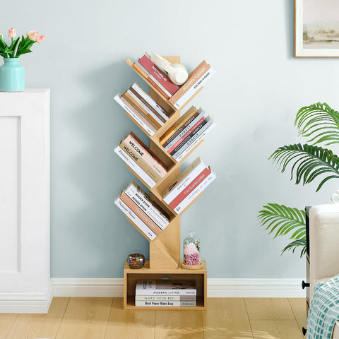 Hoctieon 6 Tier Tree Bookshelf, Tall Bookcase with Drawer, Freestanding Book Shelf, Display Floor Standing Storage Shelf