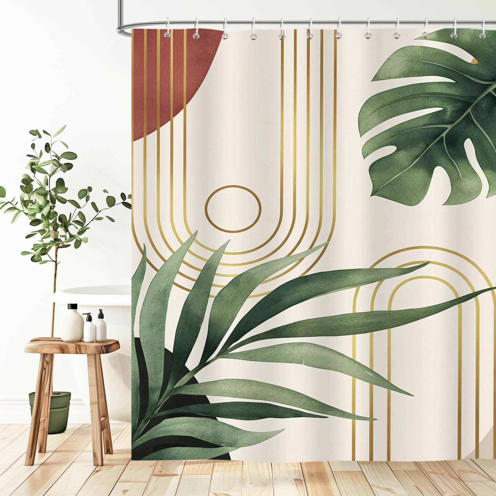 BREASOME Green Leaves Shower Curtain 180 x 180 cm Boho Tropical Leaves Shower Curtain for Bathroom Decor Mould Proof Waterproof Polyester Fabric Bath