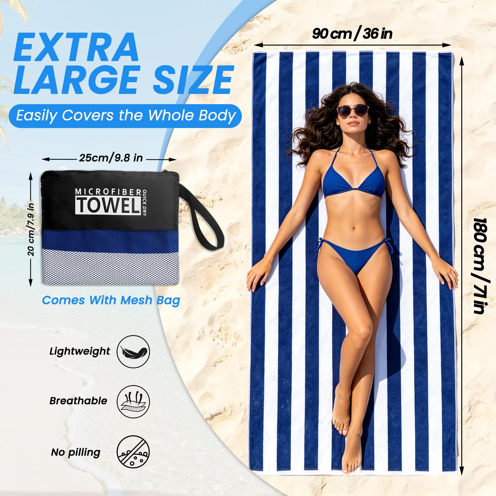 Microfibre Beach Towels for Adults - 1 Pack 180x90cm Microfibre Towel