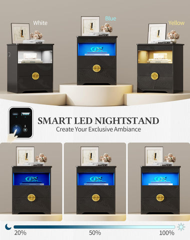 FREDEES LED Bedside Table with Hidden Drawer for Bedroom, Black