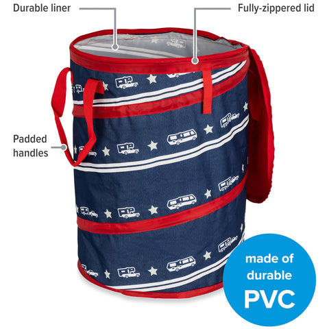 Camco Pop-Up Utility Container | Features Heavy Duty Liner & Zipper Close Lid | Holds 30-Gallon Kitchen-Size Trash Bags