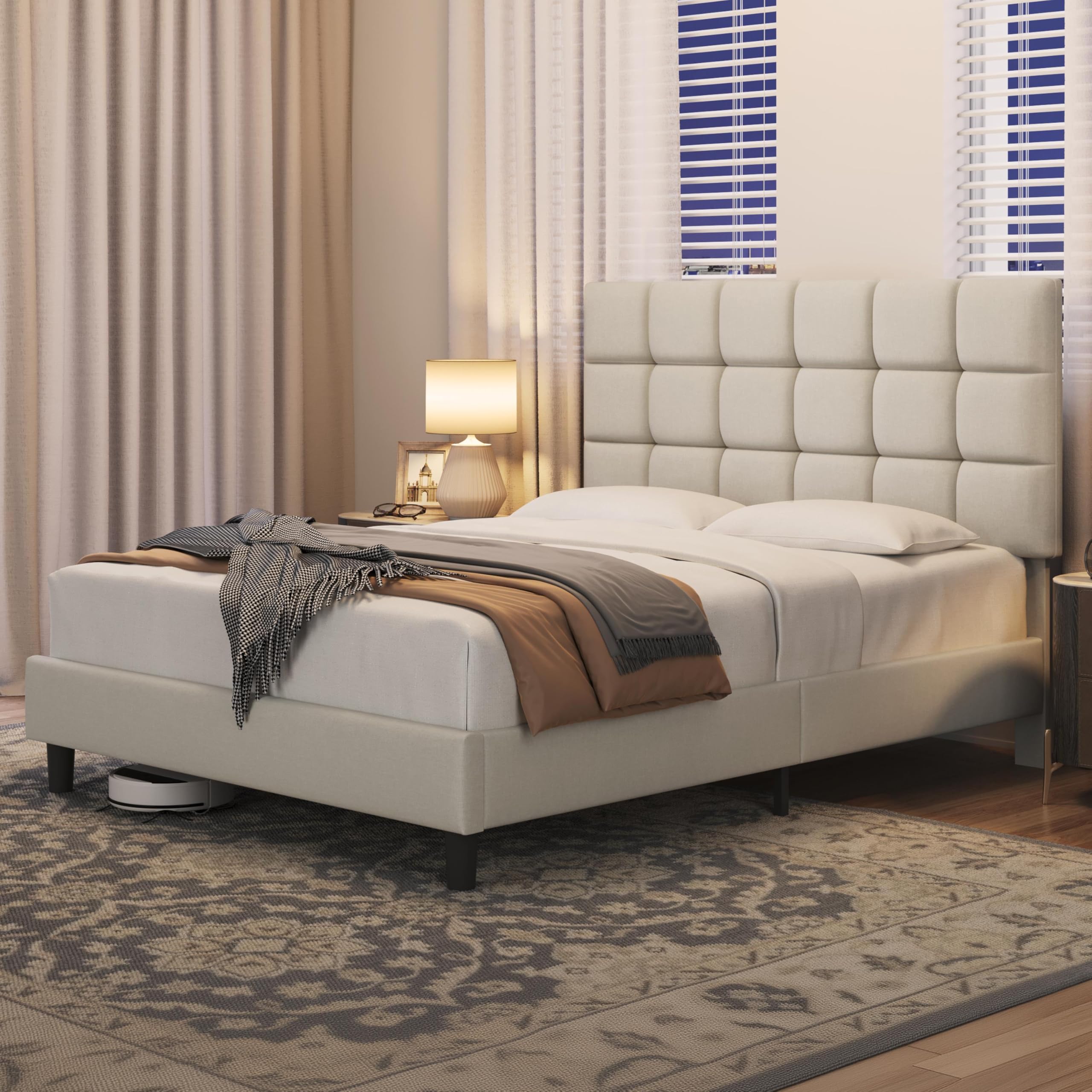 Yaheetech 5ft King Bed Frame, Upholstered Headboard, Beige